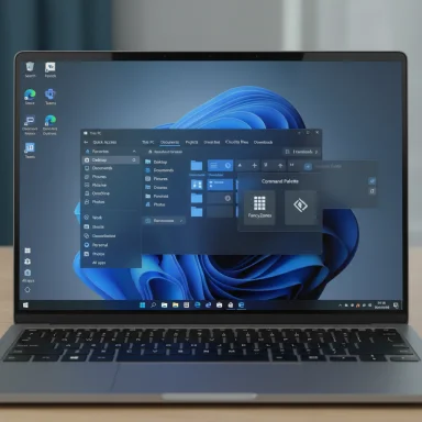 A sleek laptop displays overlapping Windows app windows on a blue abstract wallpaper.