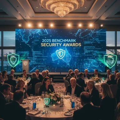 Formal dinner at the 2025 Benchmark Security Awards beneath a futuristic digital backdrop.