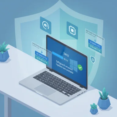 A laptop on a desk shows holographic security alerts and an upgrade status. A laptop on a desk shows holographic security alerts and an upgrade status.