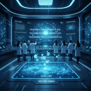 Researchers in a futuristic lab analyze Alzheimer's treatments on a holographic data screen.