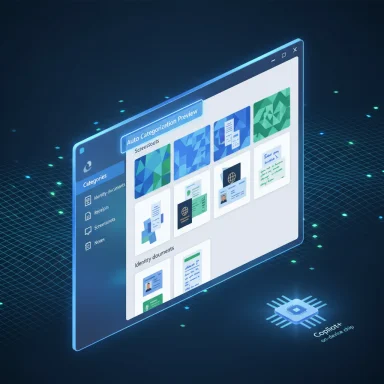 A futuristic UI shows auto-categorization of documents on a glowing, holographic screen.