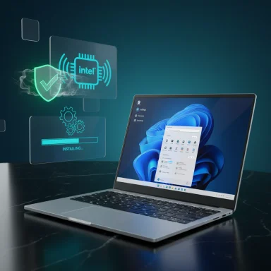 A laptop with holographic install and security graphics, featuring an Intel chip icon and shield.