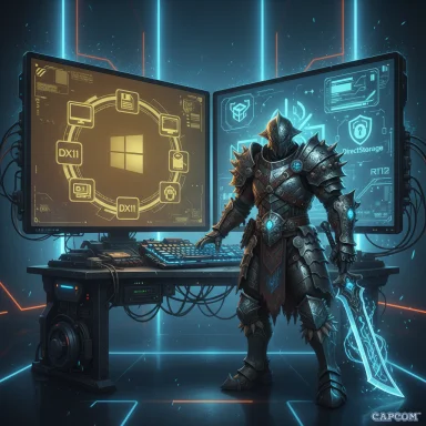 Armored knight in a neon-lit high-tech lab stands before glowing dual monitors, wielding a blue-lit sword.
