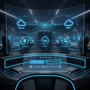 Futuristic cockpit with a curved holographic display showing Azure and AWS cloud networks and a Copilot Model Selector.