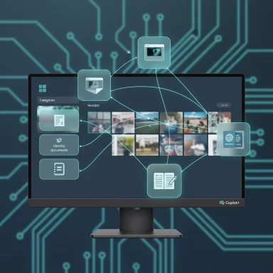 A computer monitor displays interconnected digital files and icons over a glowing circuit-board background.