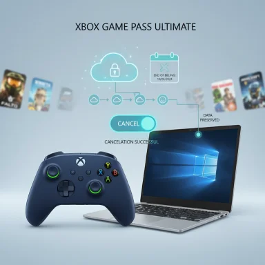 Xbox Game Pass Ultimate promo with a controller, laptop, and cloud-based cancellation flow.
