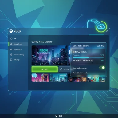 Futuristic Xbox Game Pass Library UI with an Install button and drive options.