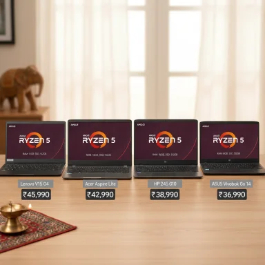 Four Ryzen 5 laptops on a wooden table with price tags from ₹36,990 to ₹45,990.