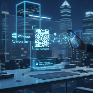 A futuristic glass desk screen shows a Windows Phone Link QR code as a hand scans with a smartphone.