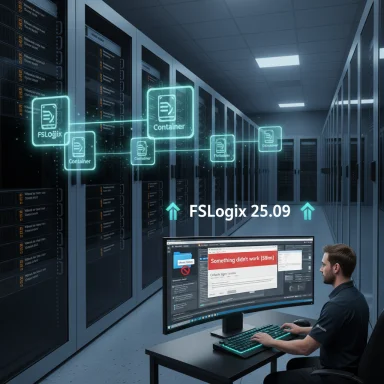 IT admin in a data center uses FSLogix containers displayed as holographic icons.