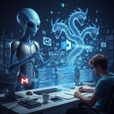 A blue alien guides a human coder in a high-tech lab with holographic screens and a three-headed dragon.