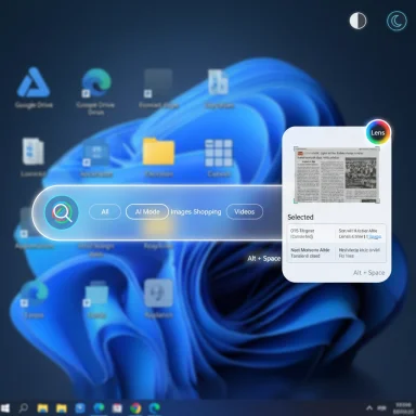 A holographic search lens overlay floats over a Windows desktop.