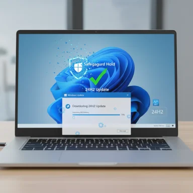 Laptop screen shows a Windows Update 24H2 download with a shield emblem.