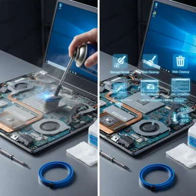 A technician repairs a laptop motherboard with a blue-glow tool and AR icons hovering over the components.