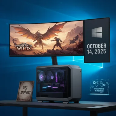 Gaming PC setup with curved monitor showing Monster Hunter: Wilds and a Windows date panel, plus an End of Support sign
