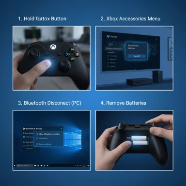 Four-step guide to disconnect Xbox controller: hold button, Xbox Accessories, Bluetooth, remove batteries.