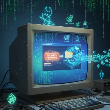 Retro computer with neon UI showing DLL CHECK bypassed amid cyberpunk code.