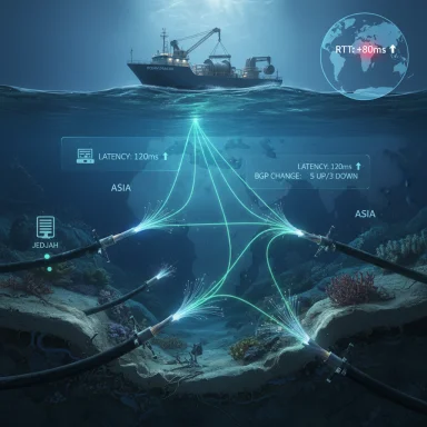 Undersea fiber optic cables linking Asia, with a ship above and latency data overlay.