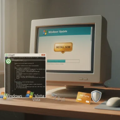 Retro computer setup with a CRT monitor showing a Windows Update 'Install Now' screen and vintage Windows icons.