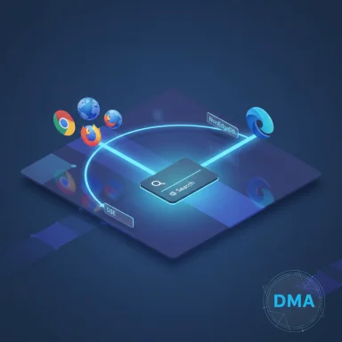 Futuristic isometric scene showing a central search module connected to Chrome, Firefox, and Edge.