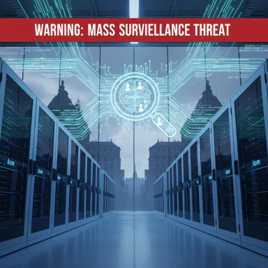 Data center corridor with holographic surveillance graphics and a bold warning banner.
