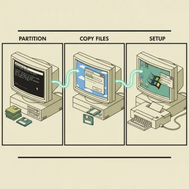 Three-panel vintage computer illustration depicting partition, copying files, and setup.