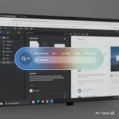 A colorful, lens-shaped search overlay labeled 'Lens' floats over a blurred Windows desktop.