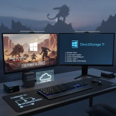 Dual-monitor gaming setup shows Monster Hunter: World on the left and DirectStorage 11 on the right, with cloud saves and upgrade path.