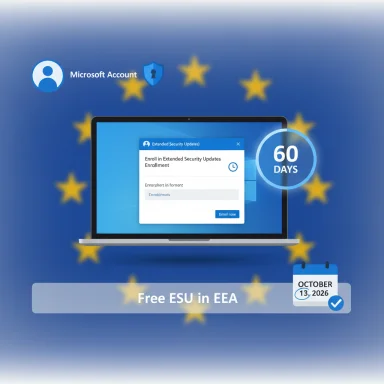 EU-themed Microsoft promo for Free ESU in the EEA with a 60-day window.