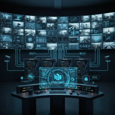 Futuristic control room with dozens of screens and a holographic Infinity EdgeAI display.