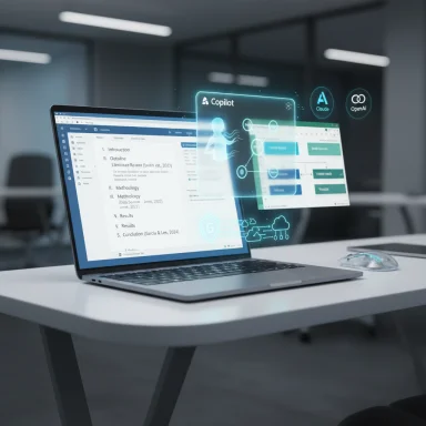 A laptop on a desk displays holographic AI panels, including Copilot and Claude icons.