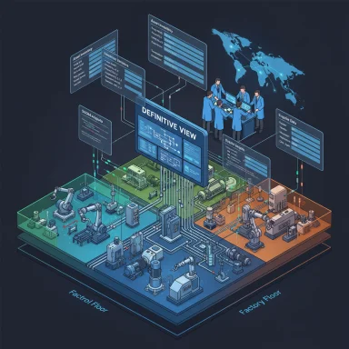 A high-tech smart factory with robotic arms, glowing data screens, and a global network map.