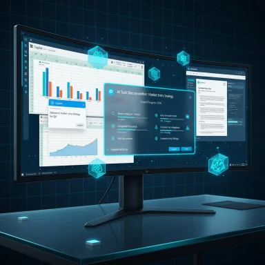 A curved monitor shows AI analytics dashboards with floating holographic icons.