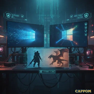 Futuristic gaming desk with dual monitors, holographic overlays, a warrior vs dragon hologram, and date October 14, 2025.