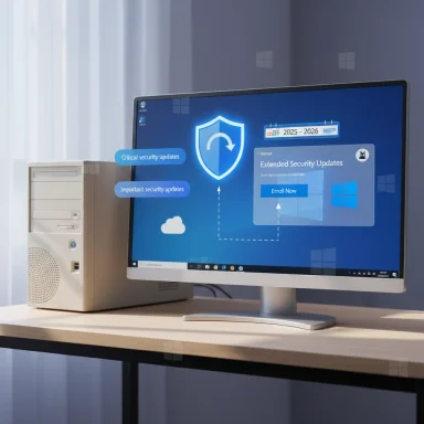 A desktop PC on a wooden desk displays a Windows security updates dashboard on the monitor.
