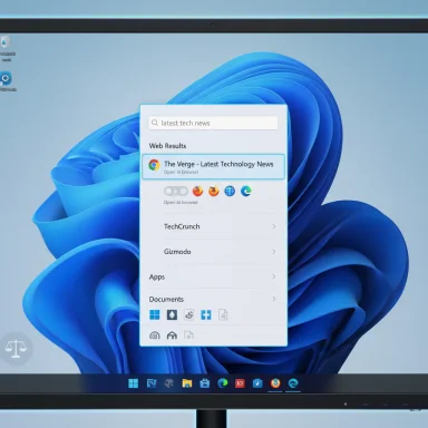Windows desktop with a floating search panel showing “The Verge - Latest Technology News” on a blue abstract wallpaper.