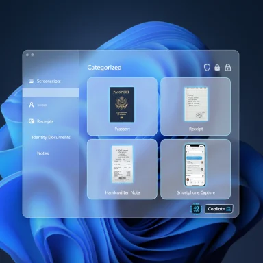 A translucent UI panel on a blue background showing categorized documents like Passport and Receipt.