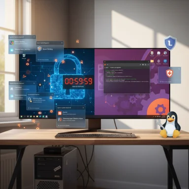 A dual-monitor desk setup displaying security UI overlays, with a Linux Tux mascot in the foreground.