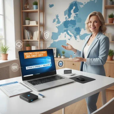 Smiling businesswoman in a blue suit presents a laptop showing Windows 10 end-of-support in a bright office.