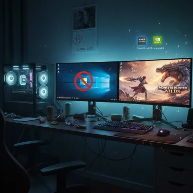 Dual-monitor gaming setup with a glowing PC, scattered snacks and cans, under blue ambient lighting.