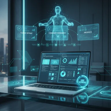 Neon-blue holographic figure with floating data panels hovers above a laptop in a high-tech control room.
