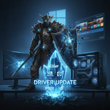 Blue-lit armored warrior beside a PC, amid a glowing 'Driver Update' promo.