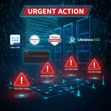 Urgent action alert highlighting multiple CVEs across Cisco IOS, Adminer PHP, Fortra GoAnywhere, Libraesva ESG.