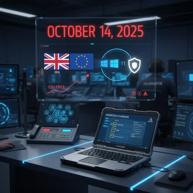 A high-tech command center with a transparent display showing Oct 14, 2025, UK-EU flags, Windows 11, and data charts.