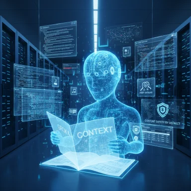 A holographic figure studies data in a blue-lit data center while reading a glowing book.