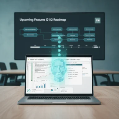 Laptop displays data visuals with a blue 3D head, while a roadmap is projected on a large screen behind.
