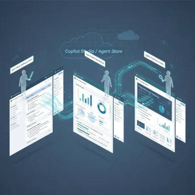 A futuristic cloud-based dashboard suite titled Copilot Studio / Agent Store with holographic data screens.