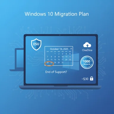 Windows 10 Migration Plan promo showing a calendar, rewards badge, and end-of-support reminder.