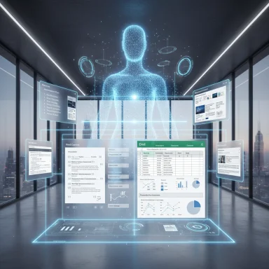 A holographic AI figure stands amid floating data dashboards in a glass-walled futuristic room.