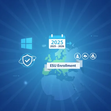 Blue tech-themed graphic for ESU Enrollment 2025-2026 featuring a calendar, globe, and icons.